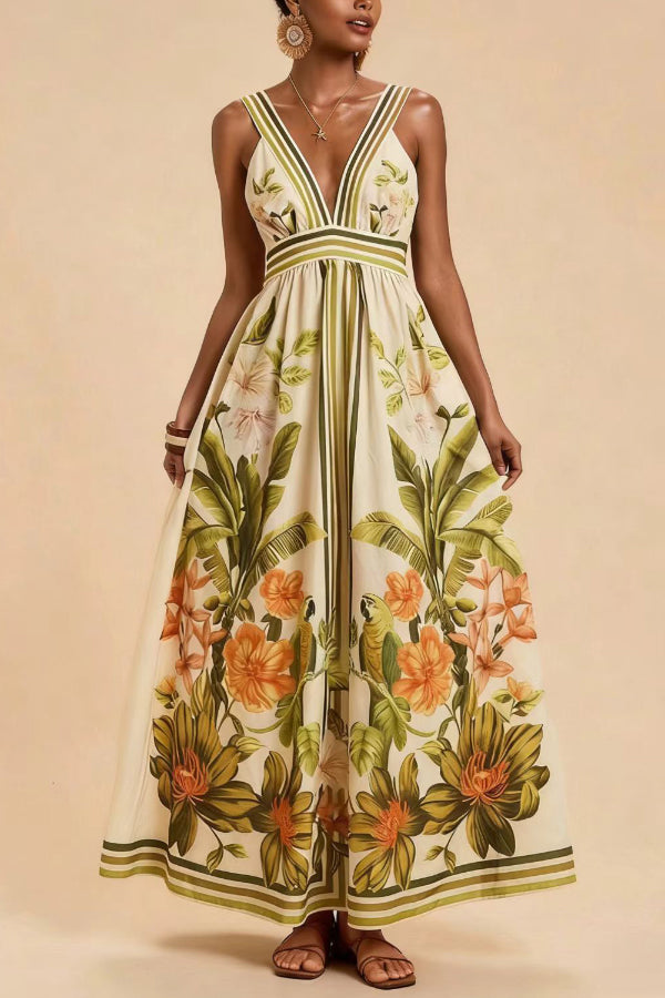 Cardydony Women's  Botanical Print V-neck Backless Pleated Casual Vacation Maxi Dress
