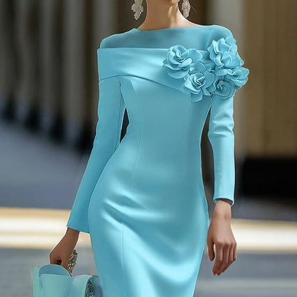 Cardydony Elegant Round Neck Three Dimensional Flower Decorated Midi Dress