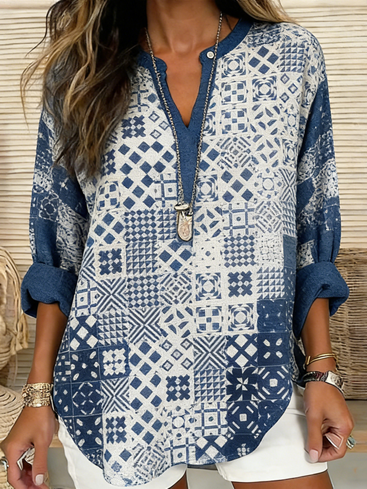 Cardydony Japanese Art Geometric Pattern Leisure Linen Top