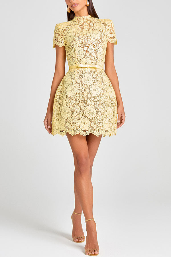 Cardydony Women's Champagne Toast Flower Lace Short Sleeve Bow Belted Mini Dress