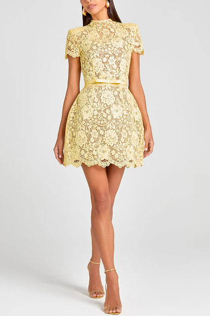 Cardydony Women's Champagne Toast Flower Lace Short Sleeve Bow Belted Mini Dress
