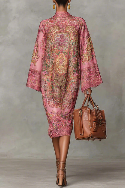 Cardydony Women's Retro Unique Print Casual Long-sleeved Loose Midi Dress