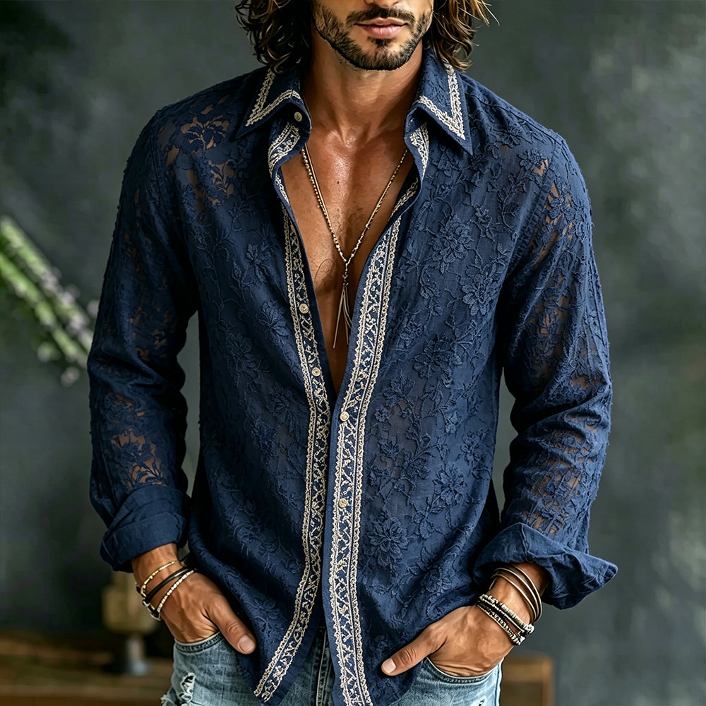 Cardydony Men's Floral And Lace Art Retro Cotton Linen Casual Long Sleeve Shirt