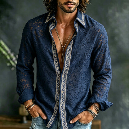Cardydony Men's Floral And Lace Art Retro Cotton Linen Casual Long Sleeve Shirt