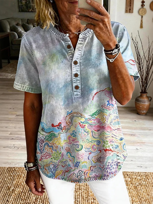 Cardydony Women's Retro Colorful Ethnic Art Print Casual Short-sleeve Shirt