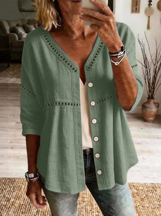 Cardydony Women's Solid Color Openwork Lace Patchwork Comfortable Linen Blend Cardigan