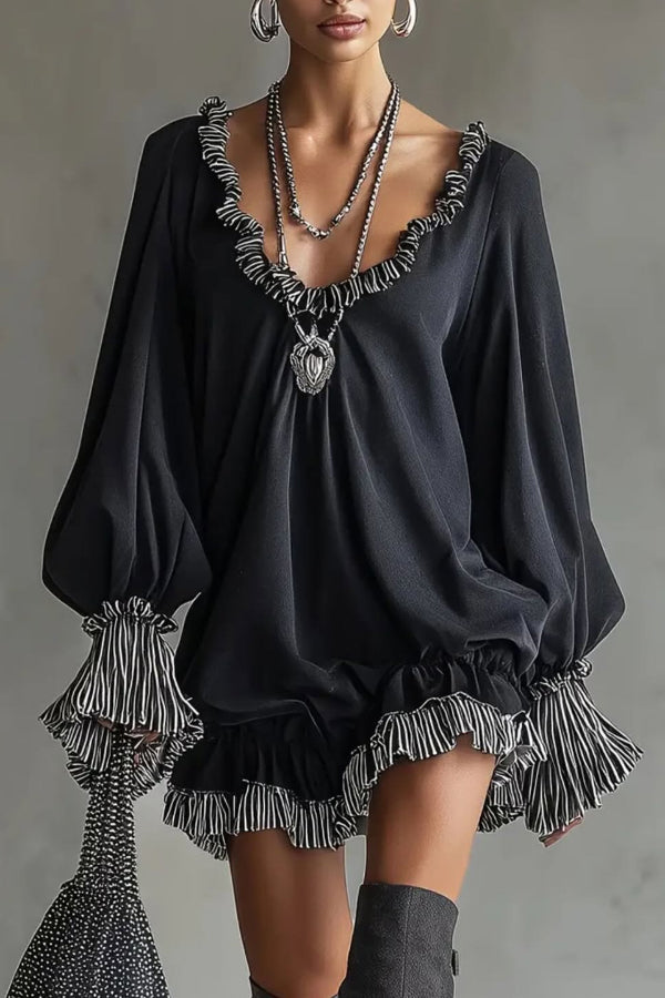 Cardydony Women's Fashionable Patchwork Ruffled Loose Long-sleeved Casual Mini Dress