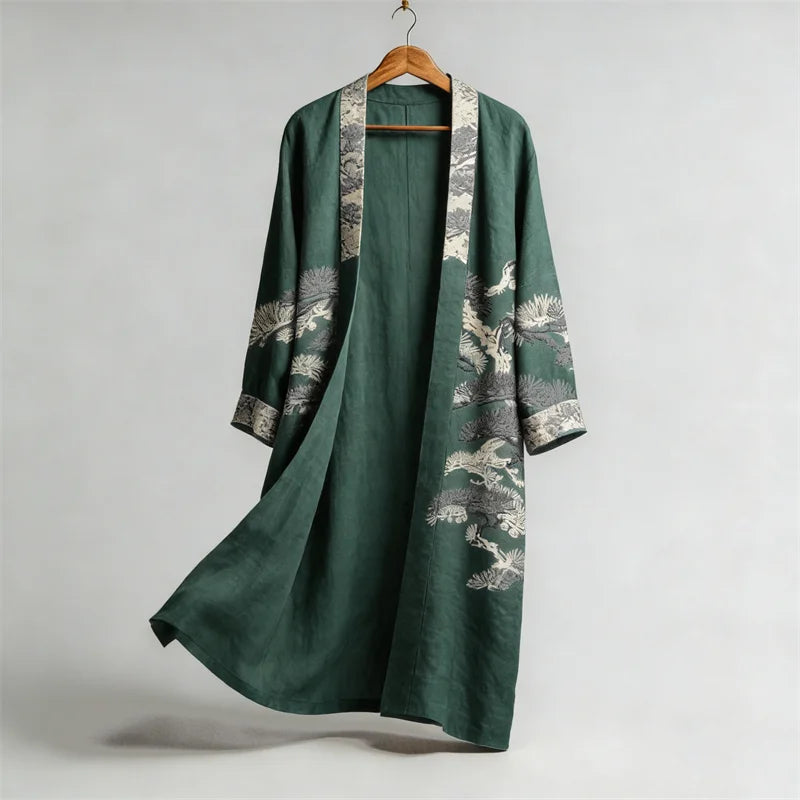 Cardydony Japanese Pine Trees Lino Art Flowy Long Linen Kimono