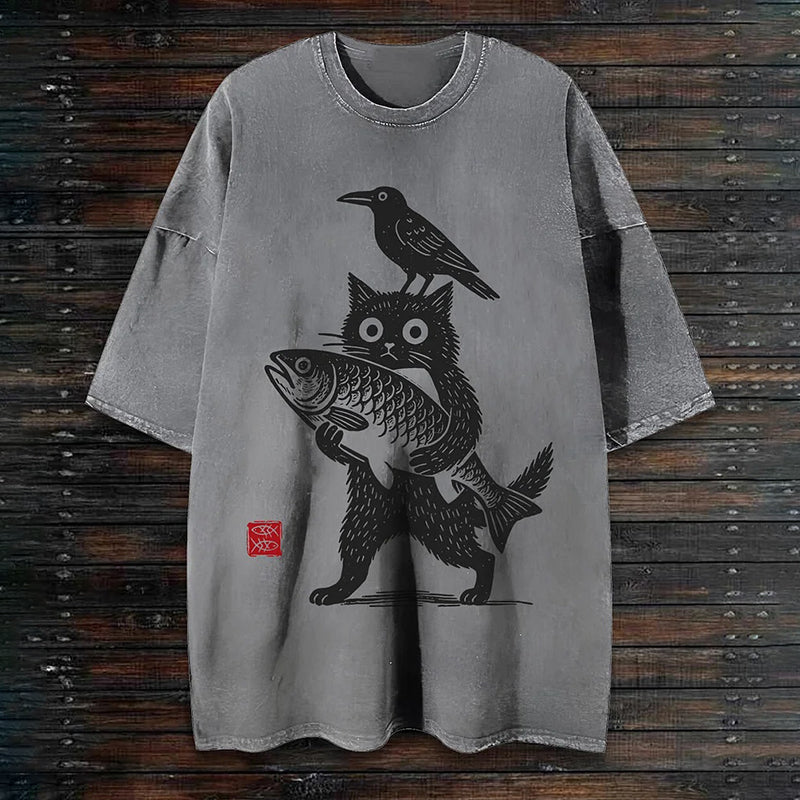 Cardydony Men's Cat Holding Fish Japanese Art Print T-shirt