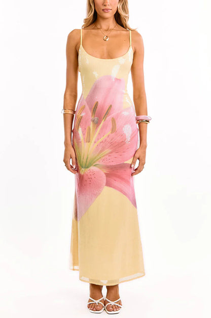 Cardydony Women's Floral Print Fashion Sequined Spaghetti Strap Backless Slim Fit Vacation Maxi Dress