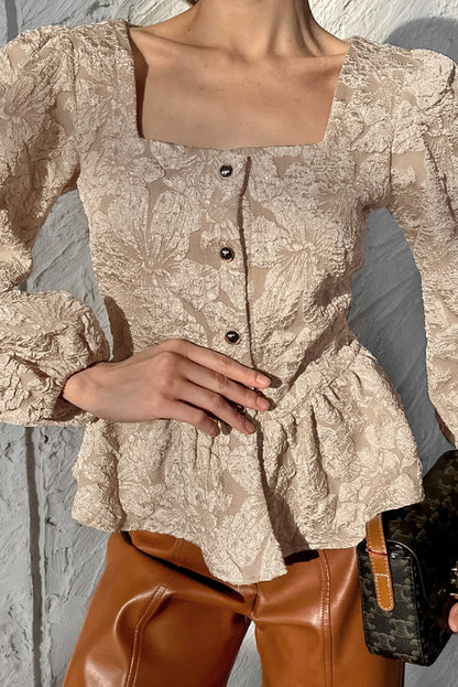 Cardydony Women's  Solid Color Jacquard Square Neck Puff Sleeve Elegant Button Top