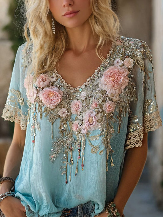 Cardydony Women's Retro Bohemian Style Rose Floral Print Embroidered Sequin Short-sleeve Top 4