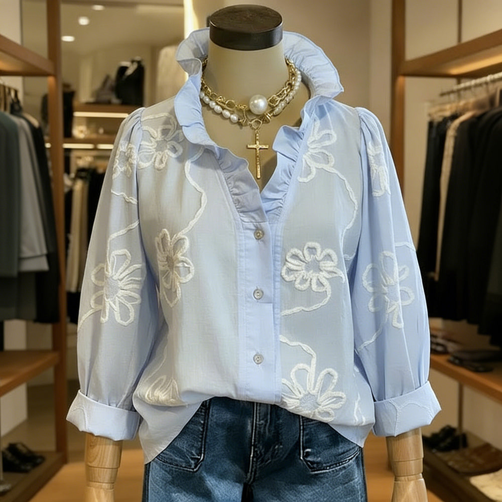 Cardydony Vintage Floral Pattern Ruffled Collar Comfy Shirt