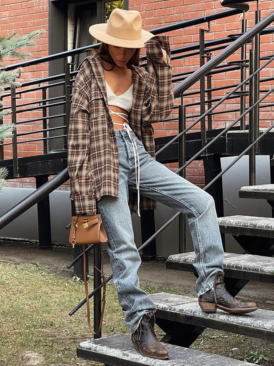 Cardydony Women's Retro Plaid Button-Up Shirt with Relaxed Fit