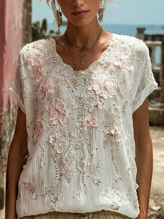Cardydony Women's Bohemian Style Floral Rose Print Simple And Comfortable Short-sleeve Top
