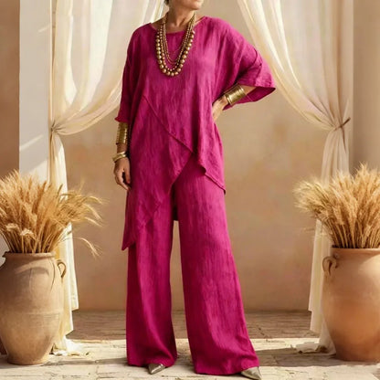 Cardydony Women's Comfy Linen Blend Flowy Double Layer Design Top And Pants Two-piece Set