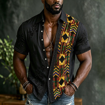 Cardydony Men's Retro Reggae Ethnic Graphics Patchwork Art Casual Linen Short Sleeves Shirt