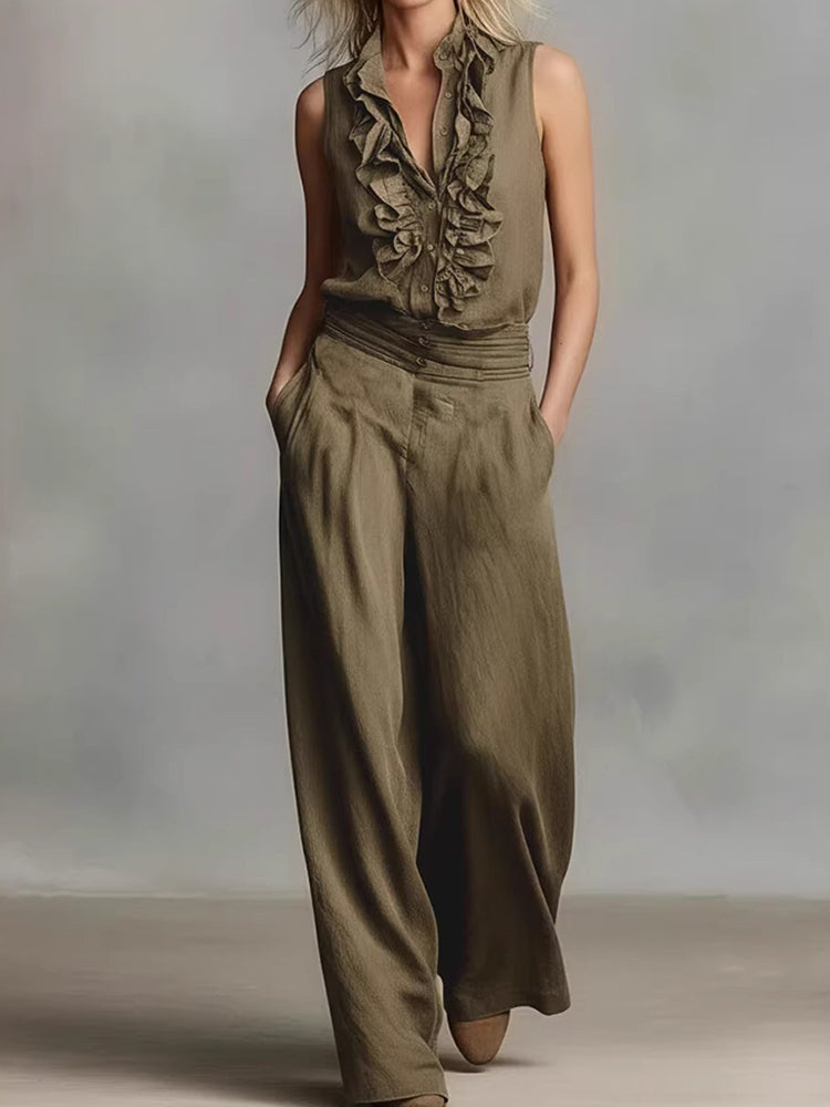 Cardydony Simple Linen Blend Sleeveless Shirt And Wide-leg Pants Set