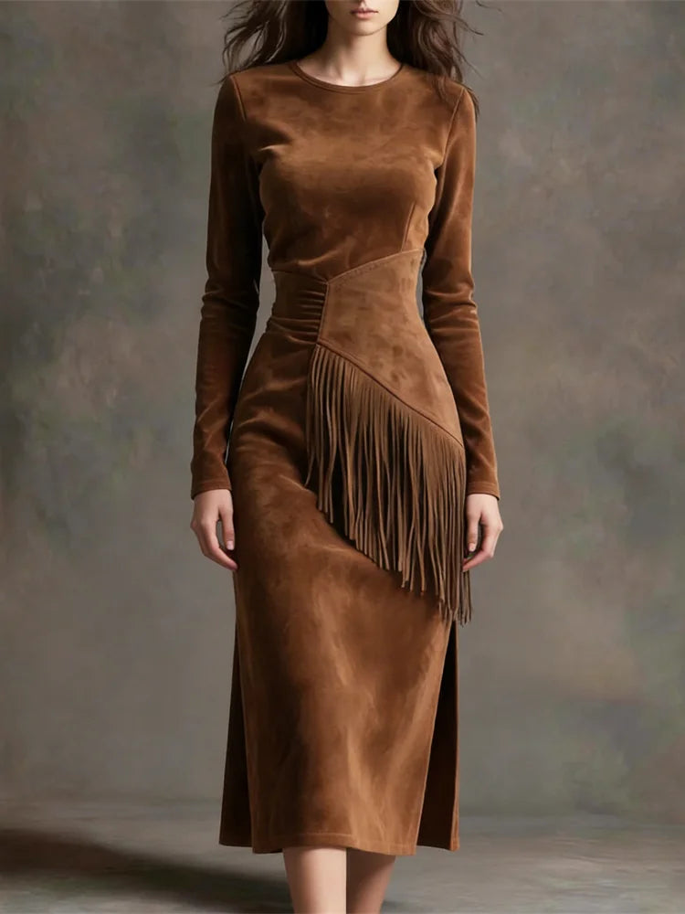 Cardydony Women's Vintage Fringe Suede Dress