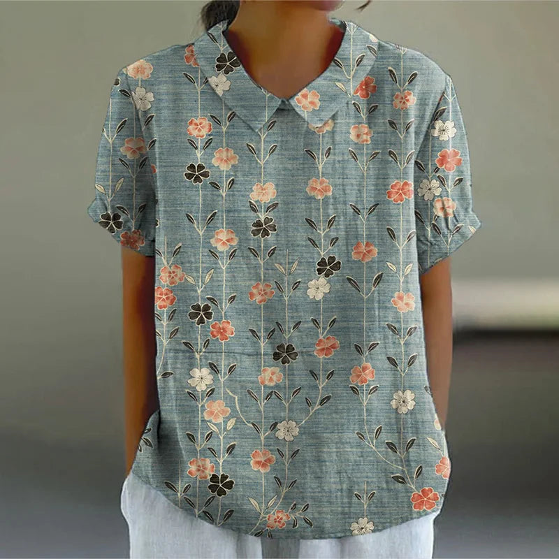 Cardydony Women's Retro Floral Art Print Casual Cotton Linen Shirt