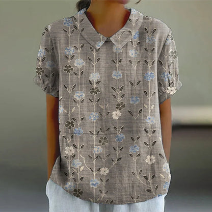 Cardydony Women's Retro Floral Art Print Casual Cotton Linen Shirt