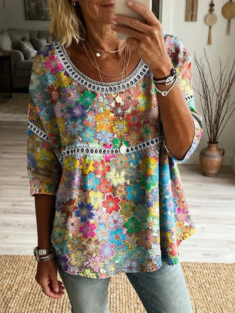 Cardydony Women's Retro Colorful Floral Pattern Cotton Linen Casual Crew Neck T-shirt