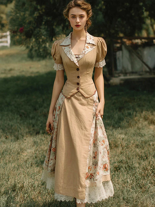 Cardydony French Country Style Patchwork Design Linen Suit