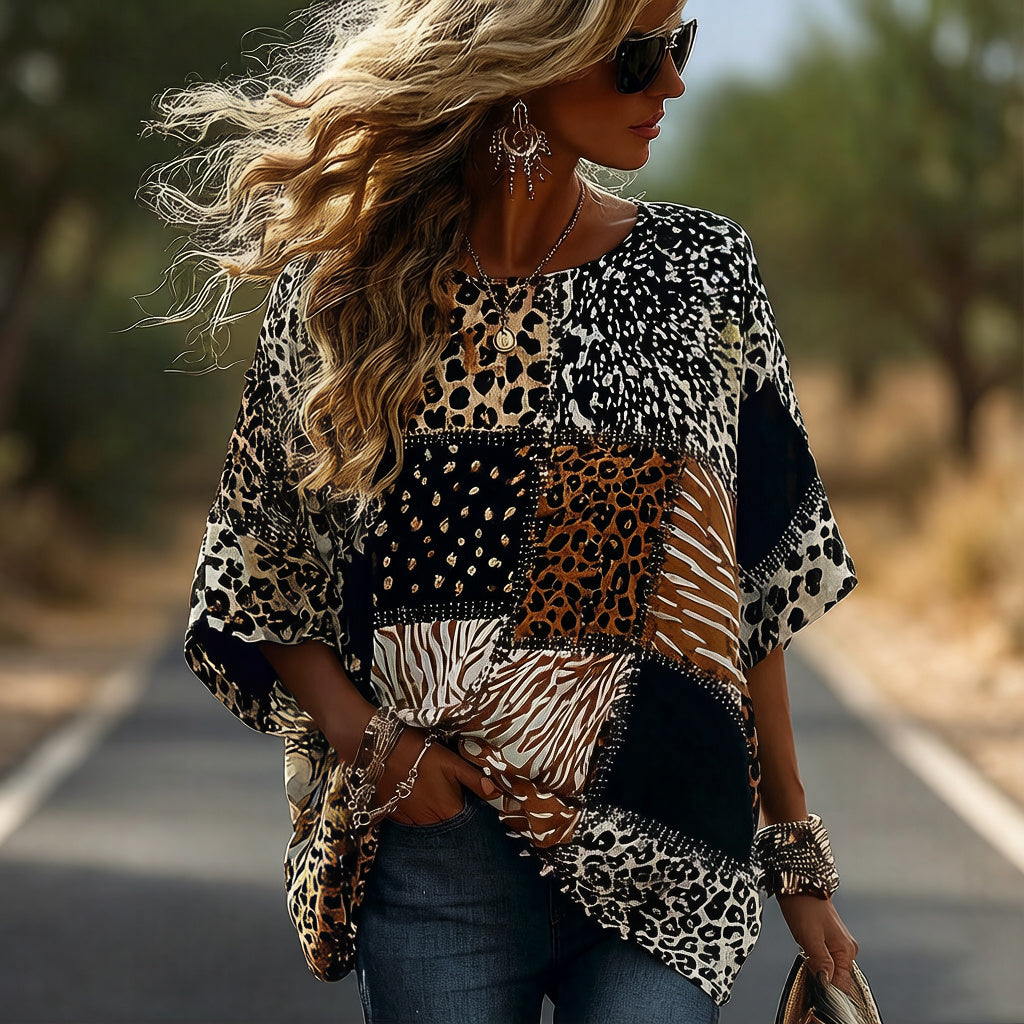 Cardydony Vintage Leopard And Animal Patchwork Art Pattern Linen Blend Loose Short Sleeve Tops