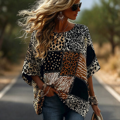 Cardydony Vintage Leopard And Animal Patchwork Art Pattern Linen Blend Loose Short Sleeve Tops