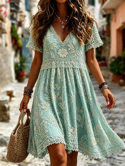 Cardydony Women's Retro Floral Art Print Casual Linen Blend Midi Dress