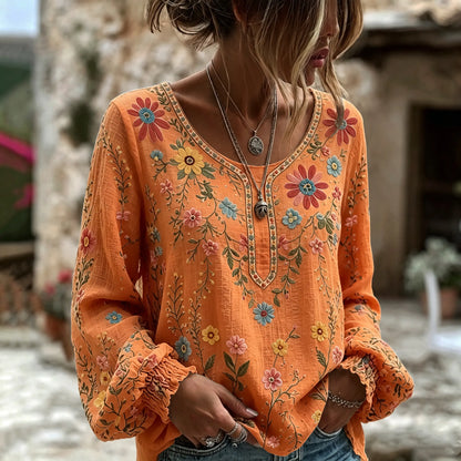 Cardydony Women's Vintage Floral Art Print Flowy Linen Blend Linen Blend Long Sleeve Casual Tops