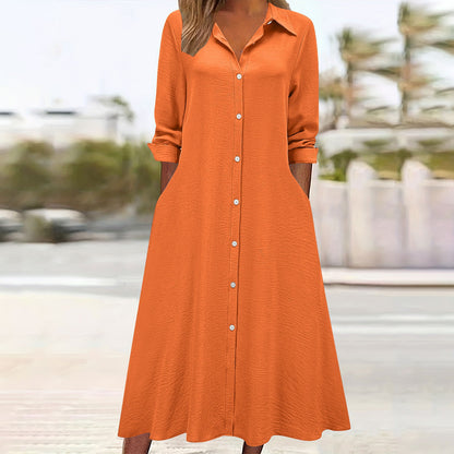 Cardydony Women's Retro Solid Color Collared Long-sleeved Pocket Shirt Dress