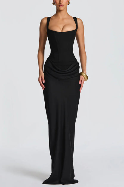 Cardydony Women's Larrah Square Neck Back Lace-up Satin Drape Hem Maxi Dress
