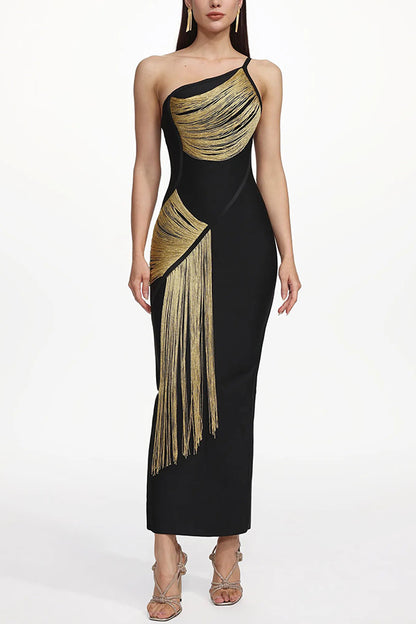 Cardydony Women's Roanna One Shoulder Sleeveless Glossy Tassels Bandage Maxi Dres