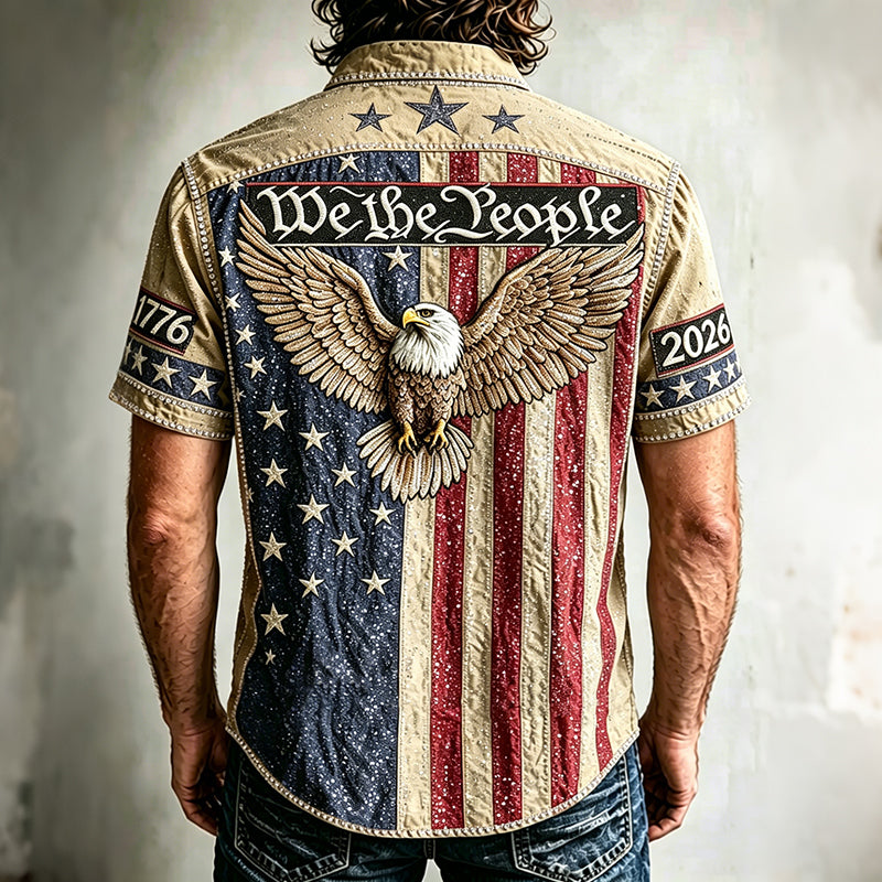 Cardydony Men's Vintage Independence Day And Eagle Print Short-sleeve Shirt