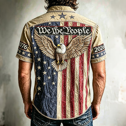 Cardydony Men's Vintage Independence Day And Eagle Print Short-sleeve Shirt