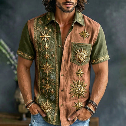 Cardydony Men's Retro Sun And Star Printed Short Sleeve Shirt