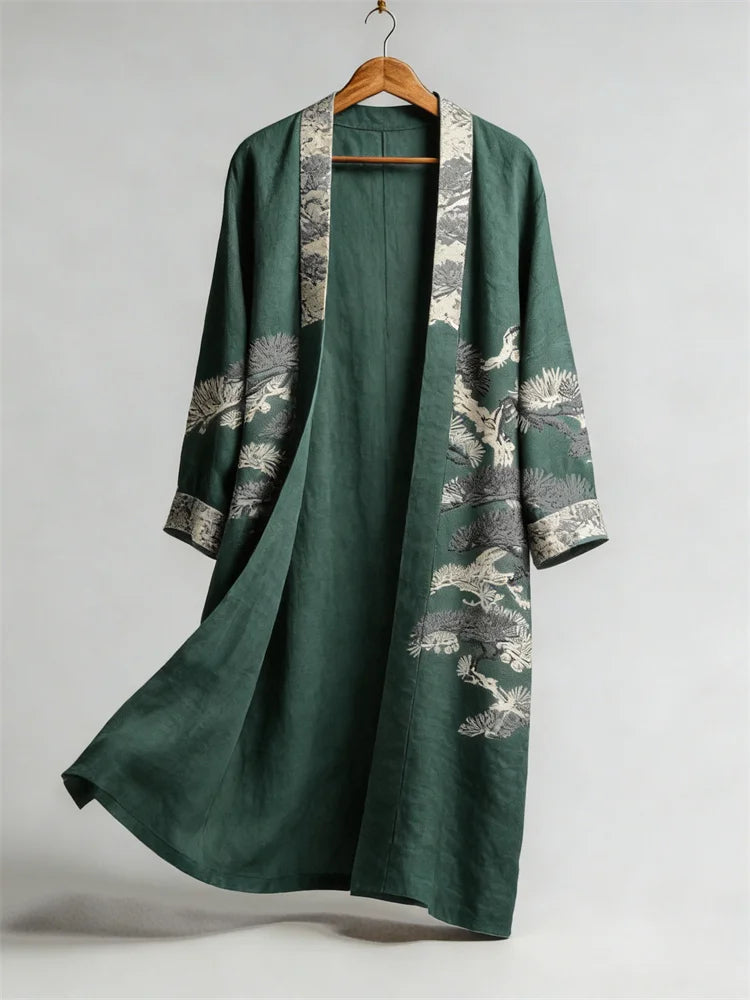 Cardydony Japanese Pine Trees Lino Art Flowy Long Linen Kimono