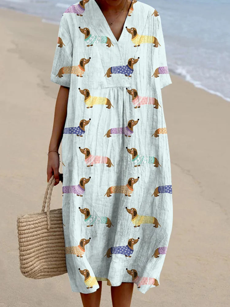 Cardydony Women's Retro Cute Dachshund Dog Art Linen Dress
