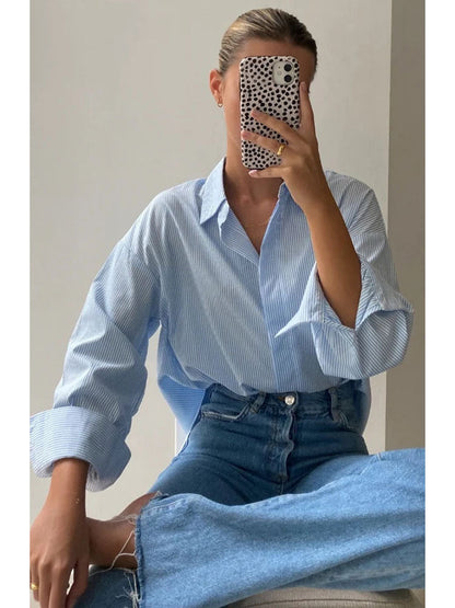 Cardydony Women's Relaxed-Fit Striped Button-Up Shirt
