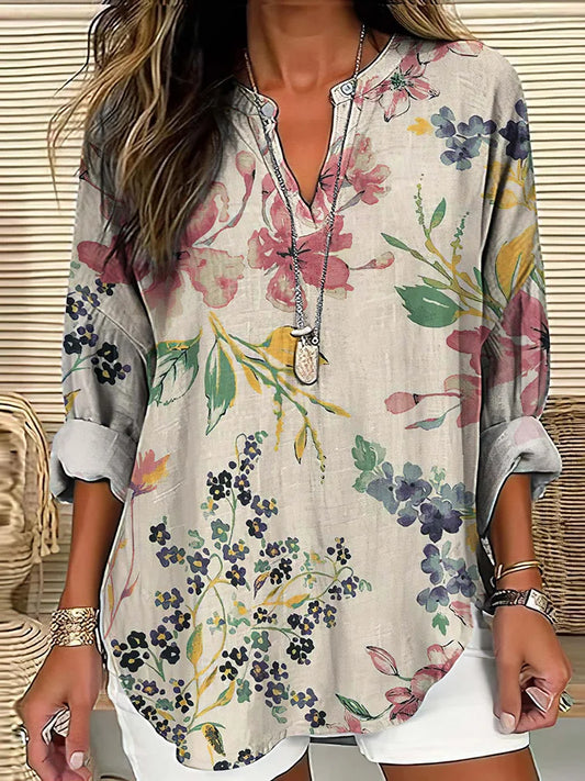 Cardydony Elegant Floral Art Linen Blend Tunic