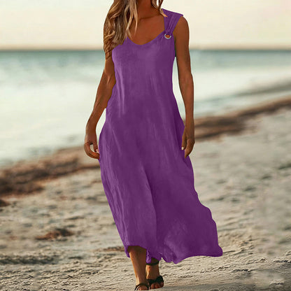 Cardydony Women's Solid Color Linen Blend Sleeveless Dress