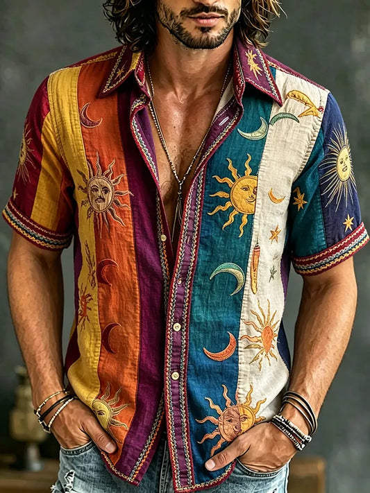 Cardydony Men's Retro Hippie Sun Moon Star Patchwork Pattern Short-sleeve Cotton Linen Shirt