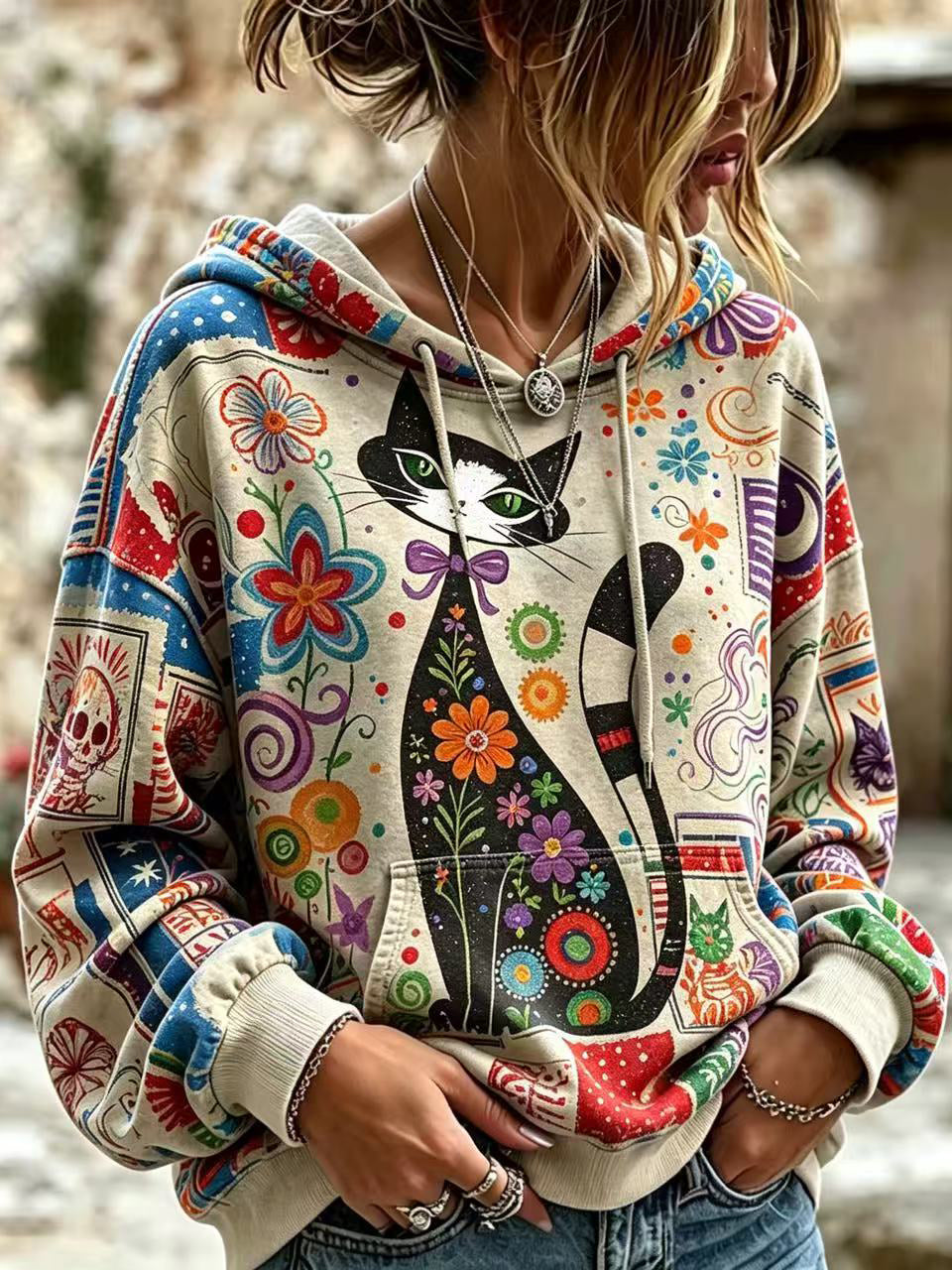Cardydony Women Cute Cat & Flower Print Hoodie