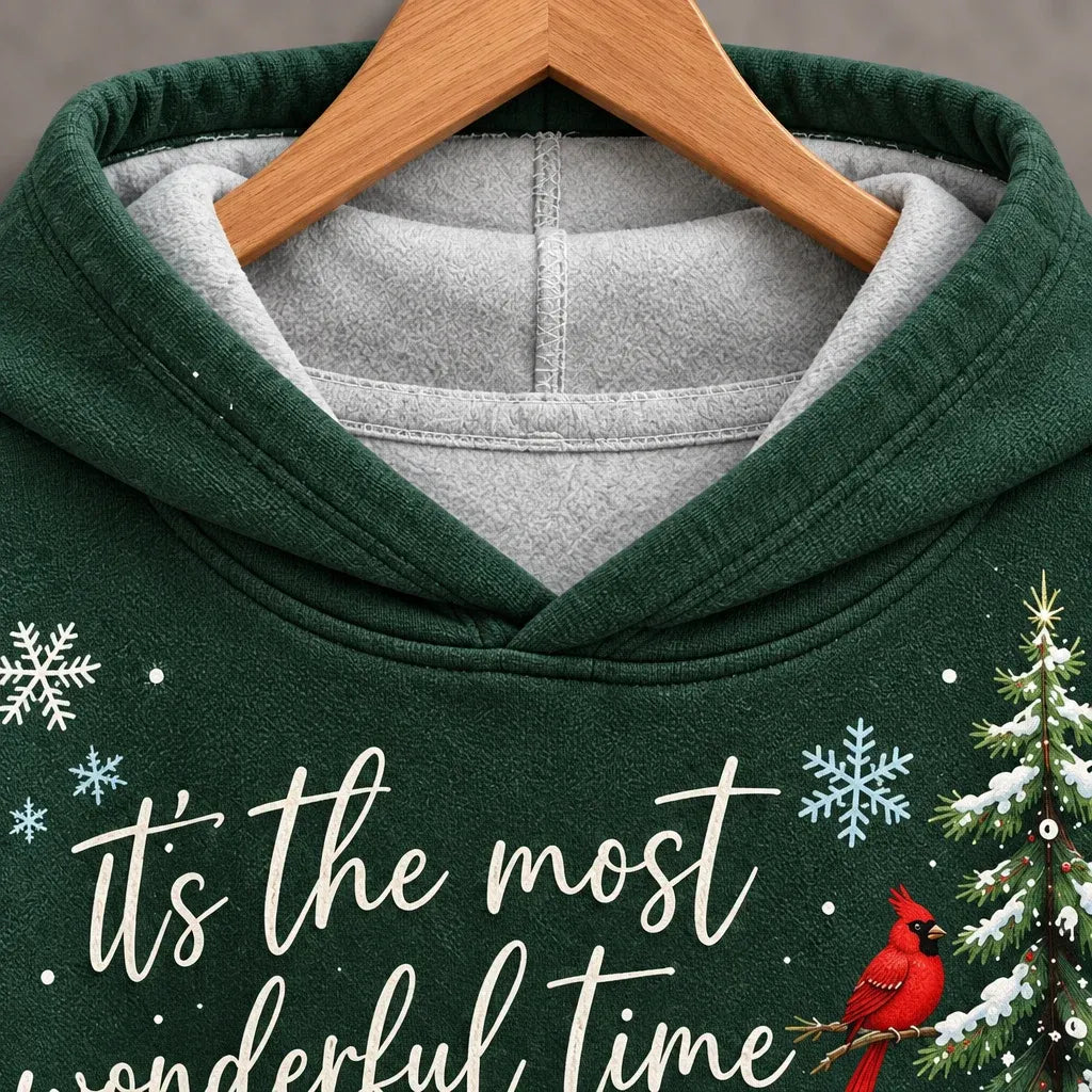 Cardydony Women's Festive Snowman Cardinal Christmas Tree Print Relaxed Fit Green Pullover Hoodie