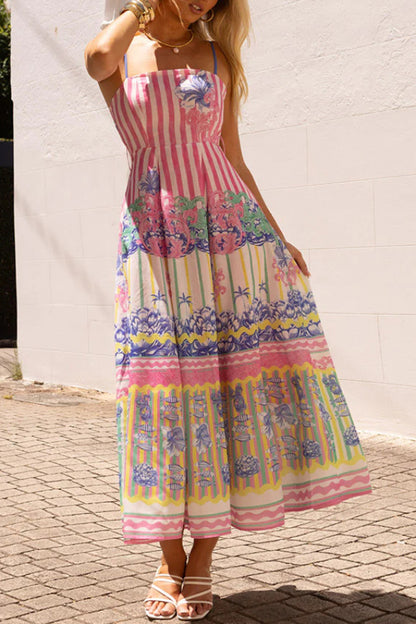 Cardydony Women's Unique Print Spaghetti Strap Square Neck Fitted Waist Elegant Maxi Dress