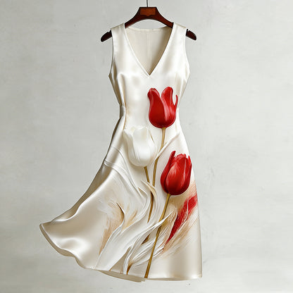 Cardydony Women's Retro Tulip Oil Painting-style Smooth Dress