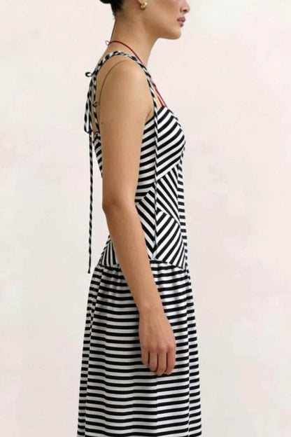 Cardydony Women's  Striped Print V-neck Sleeveless Casual Vacation Maxi Dress
