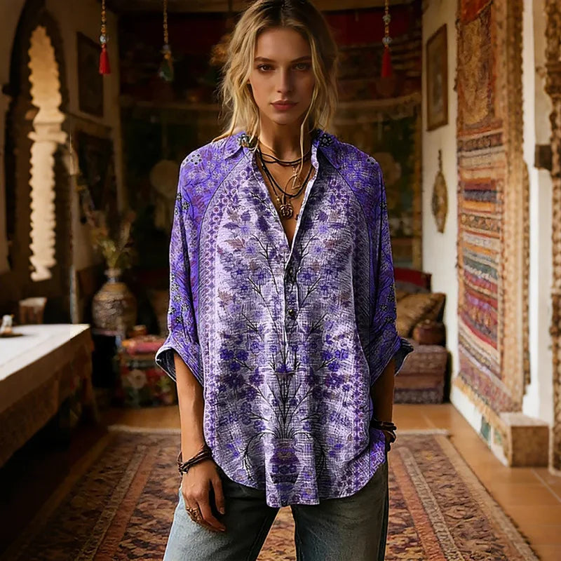 Cardydony Women's Retro Ethnic Floral Pattern Art Print Casual Long-sleeved Shirt