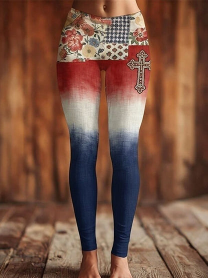 Cardydony Women's Casual America's 250th Anniversary Cross Print Leggings
